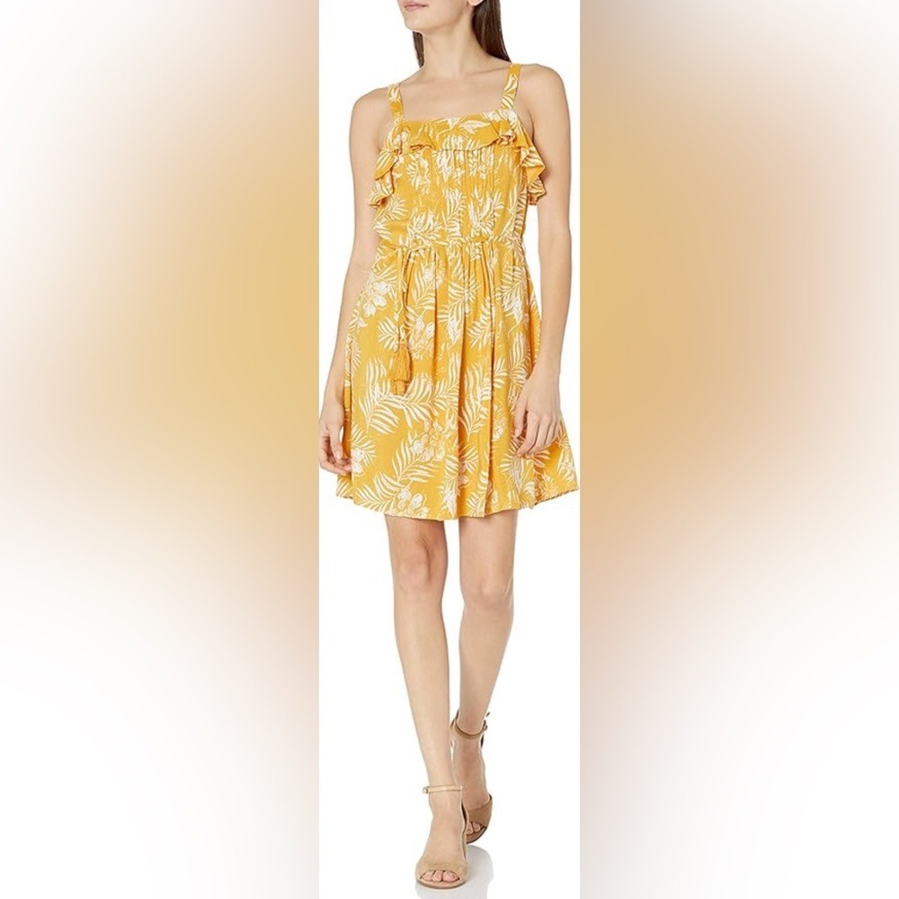 Yellow Tropical Leaf Print Ruffle Strap Sundress‎ Mini Dress